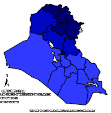 Map of the Governorates of Iraq by Human Development Index.
Legend:
.mw-parser-output .legend{page-break-inside:avoid;break-inside:avoid-column}.mw-parser-output .legend-color{display:inline-block;min-width:1.25em;height:1.25em;line-height:1.25;margin:1px 0;text-align:center;border:1px solid black;background-color:transparent;color:black}.mw-parser-output .legend-text{}
0.700 - 0.799 (high)
0.692 - 0.699 (medium)
0.635 - 0.691 (lower than average)
N/D (Data unavailable) Hdi of iraqi hdi.png