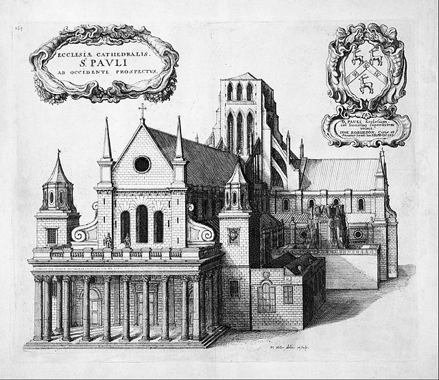 Old St Paul's in 1656 by Wenceslaus Hollar, showing the rebuilt west facade