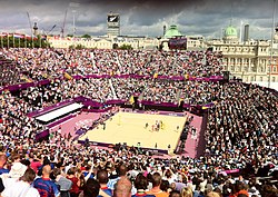 Horse Guards Parade hosted the beach volleyball events at the 2012 Summer Olympics in London. Horse Guards Parade, 3 August 2012.jpg