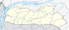 Mapa konturowa stanu Meghalaya, blisko centrum na prawo znajduje się punkt z opisem „Shillong”