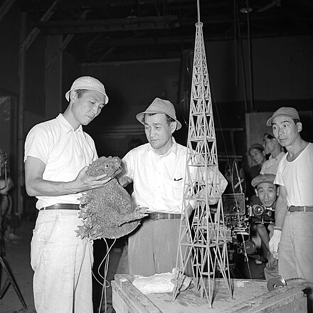 Director Ishirō Honda (left) and effects director Eiji Tsuburaya (center) on the set of Godzilla (1954)