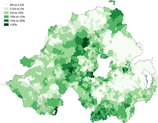 The proportion of respondents in the 2011 census aged 3 and above who stated that they can speak Irish. Irish speakers in the 2011 census in Northern Ireland.png