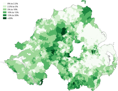 The proportion of respondents in the 2011 census aged 3 and above who stated that they can speak Irish Irish speakers in the 2011 census in Northern Ireland.png