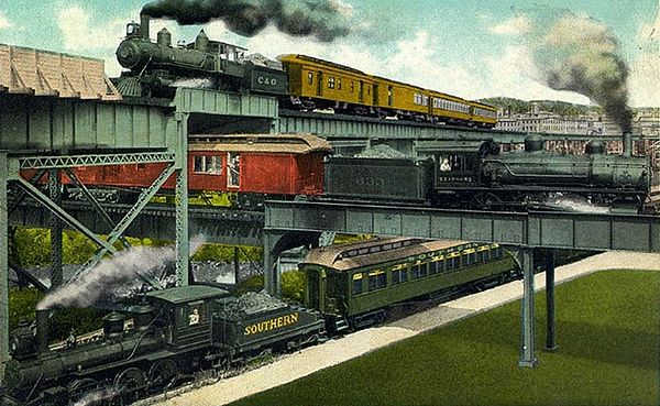 The Triple Crossing in Richmond, finished in 1901, was the intersection of (from top to bottom) the Chesapeake & Ohio Railroad, the Seaboard Air Line, and the Southern Railway