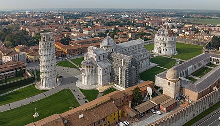 The Campo dei Miracoli from above: The leaning tower is on the left, the Duomo is in the centre, the Baptistery is on the right, and part of the Camposanto is in the right foreground