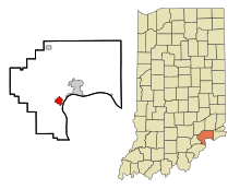 Jefferson County Indiana beépített és be nem épített területek Hannover Highlighted.svg