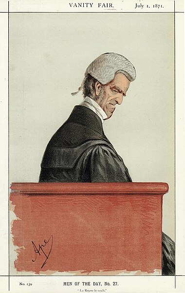 "La Reyne le veult" Shaw Lefevre as caricatured by Ape (Carlo Pellegrini) in Vanity Fair, July 1871