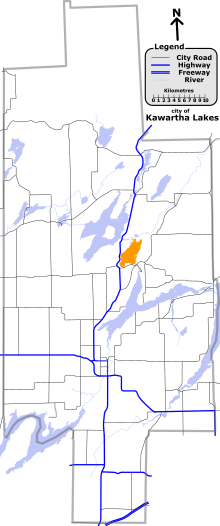 A map of the city of Kawartha Lakes with Cameron Lake highlighted