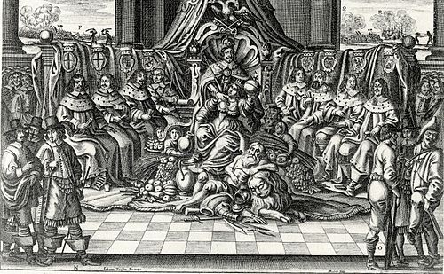 The Emperor and the eight electors (of Trier, Cologne, Mainz, Bohemia, Bavaria, Saxony, Brandenburg and the Electorate of the Palatinate). Copper engraving by Abraham Aubry, Nuremberg, 1663/64. Kaiser im Kreis der Kurfursten.jpg