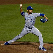 Kelvin Herrera was the winning pitcher for the Kansas City Royals in Game 2. Kelvin Herrera on May 25, 2012.jpg