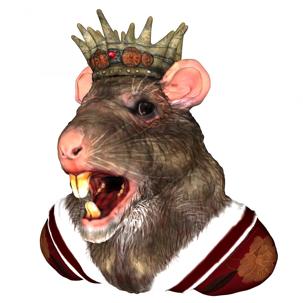 elegant-pony473: large swarm of rats being controlled by an ominous hooded rat  king with jeweled crown and health inspector badge