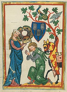 Konrad von Limpurg as a knight being armed by his lady. Codex Manesse, c. 1304-40. Konrad von Limpurg as a knight being armed by his lady, from Codex Manesse, 1305-15 (43356185121).jpg