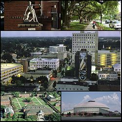 From upper left: Statue in front of downtown fire station, oak-lined street in the University district, Downtown Lafayette, Cajundome, and University of Louisiana at Lafayette quad.