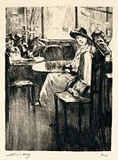 Lesser Ury: Junges Mädchen im Kaffee mit Straßenblick, 1924