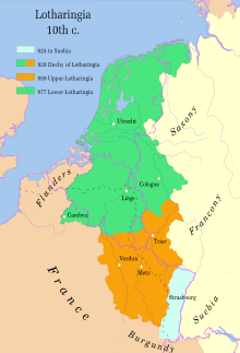 Lotharingia's division in 959
Blue: Alsace, ceded to Duchy of Swabia in 925
Orange: Upper Lorraine after 928
Green: Lower Lotharingia after 977
Purple: Current state borders Lotharingia-959 with current borders.svg