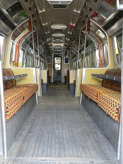 The interior of a 1983 stock train at the London Transport Museum depot