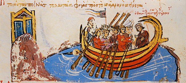 Miniature from the Madrid Skylitzes depicting Thomas's supposed flight to the Arabs