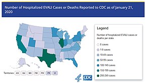 Map of reported hospitalized cases or deaths in the US and US territories.