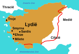 Het bruine gedeelte is het gebied in de 6e eeuw v.Chr. en de rode lijn de Romeinse provincie