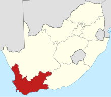 Borders of the Western Cape in dark red. Map of South Africa with the Western Cape highlighted.svg