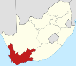 Peta Afrika Selatan menunjukkan lokasi Western Cape di bagian barat daya Afrika Selatan