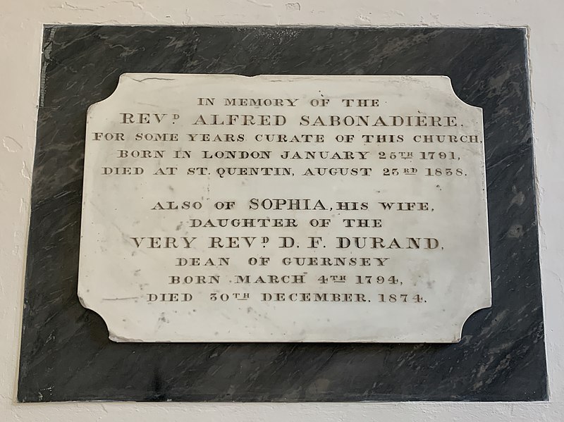 File:Memorial to Revd. Alfred Sabonadiere in Town Church, Guernsey.jpg