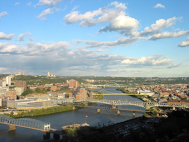 The Monongahela River in Pittsburgh with South Side Pittsburgh on the right and Uptown Pittsburgh on the left