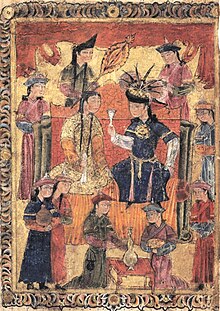 Mongol Ilkhanid court scene. Mu'nis al-ahrar, left frontispiece, 1341, probably Isfahan. Mu'nis al-ahrar Frontipiece, 1341.jpg