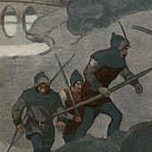 Characters from an illustration by N. C. Wyeth for "Robin Hood" (1917) by Paul Creswick. The look inspired Jerry Robinson's design for Robin. N. C. Wyeth Robin Hood Nottingham 1917 illustration detail.jpg