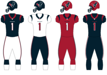 The Texans' uniform set from 2002 to 2023. The red helmet was introduced in 2023, the Color Rush uniform was introduced in 2017, and the red pants were briefly worn from 2007 to 2010 before being reintroduced in 2023. NFL-Uniforms-Texans-2023.png