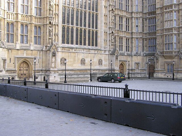 Security measures taken to protect the Houses of Parliament in London, UK. These heavy blocks of concrete are designed to prevent a car bomb or other 