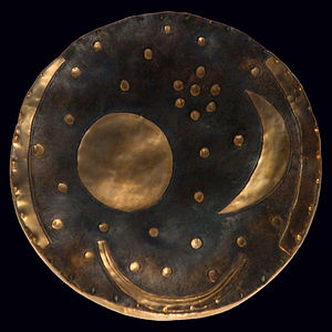 Completely reconstructed model of the bronze and gold-inlaid Nebra Sky Disk.