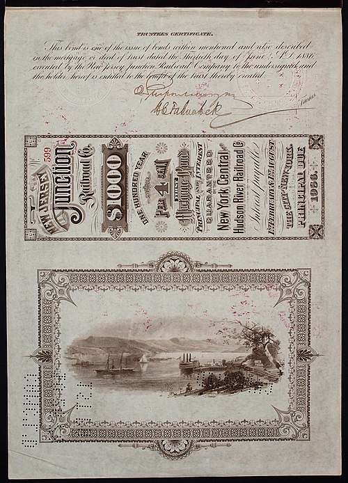 Bond of the New Jersey Junction Railroad Company, issued 30. June 1886, reverse side with signatures of John Pierpont Morgan and Harris C. Fahnestock 