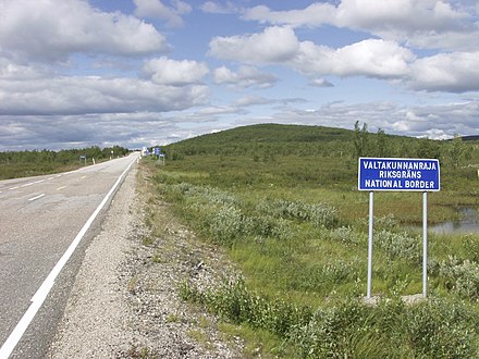 Finnish-Norwegian border in Enontekiö (sign in Finnish, Swedish and English); when crossing from Finland or Sweden, border formalities are often non-existent, although there are customs regulations that must be observed. Since the 1950s borders have been open with no passport required for Nordic citizens.
