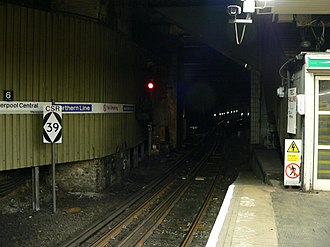 Marker board for the start of CSR area 39 on Merseyrail Northern Line (Merseyrail) tunnel south from Liverpool Central.jpg