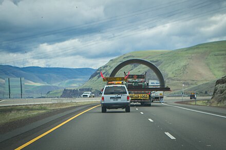A rear view of an oversize load on Interstate 84 East near The Dalles, Oregon