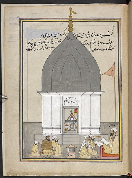 Painting of a priest and worshippers at a Shiva temple in Srinagar, Kashmir, circa 1850–1860