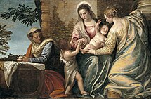 與孩子的聖母 with St. Elizabeth, the Infant St. John the Baptist, and St. Justina 從1565年到1570年 date QS:P,+1550-00-00T00:00:00Z/7,P580,+1565-00-00T00:00:00Z/9,P582,+1570-00-00T00:00:00Z/9 . Timken Museum of Art.
