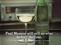 The campaign's slogan became a popular cultural trope of the late 1970s. Paul Masson No Wine.png