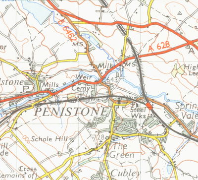 A map of Penistone from 1954 that shows the railway
