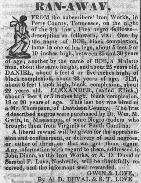 Notice of a runaway slave from the iron works