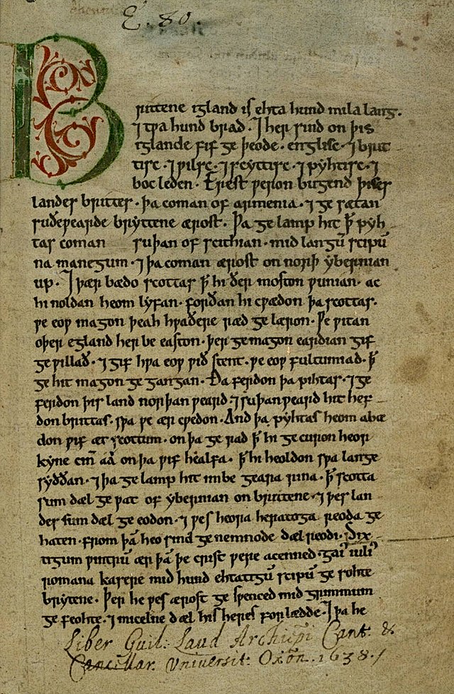 The opening page of the Laud Manuscript.  The scribal hand is the copyist's work rather than either the First or Second continuation scribes.