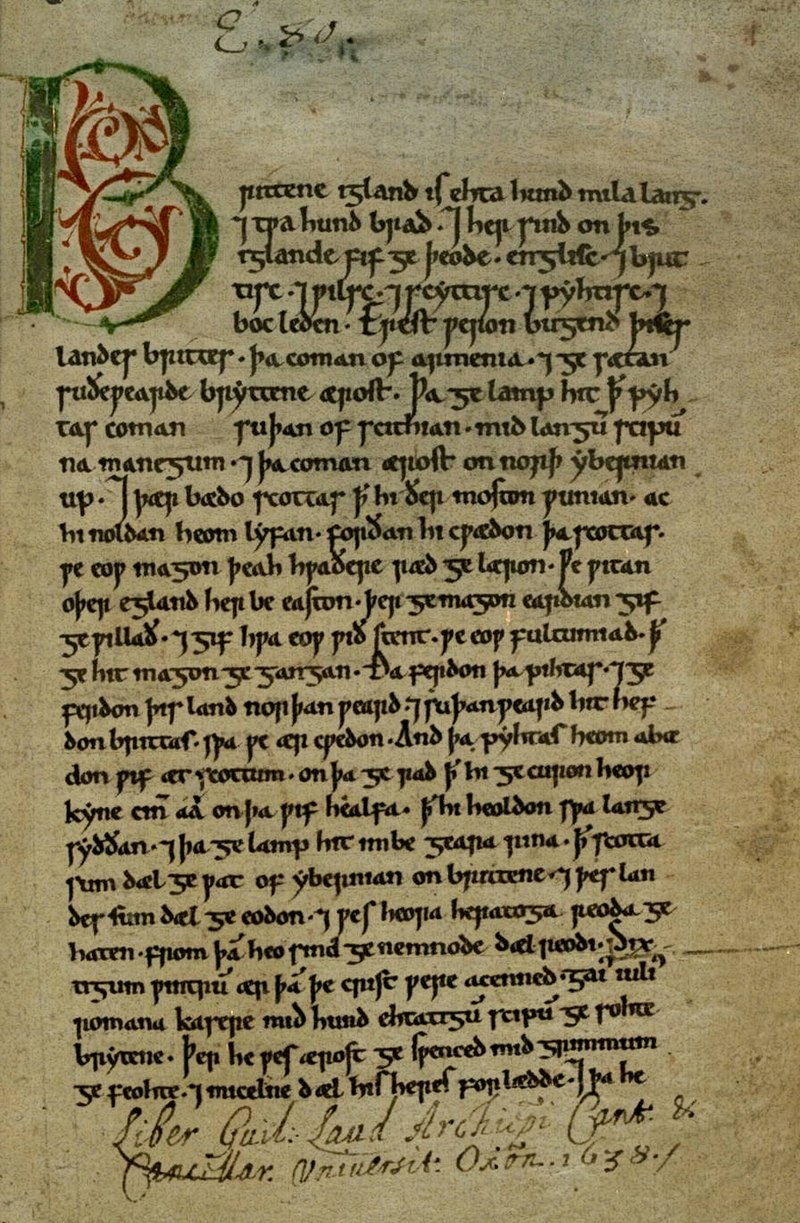 Image of the first page of the Peterborough Chronicles in original Old English.