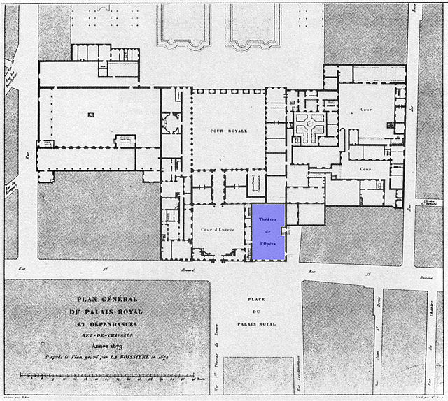 General ground-floor plan of 1679 with the Grande Salle in blue (48°51′46″N 2°20′14″E / 48.862894°N 2.337255°E / 48.862894; 2.337255)