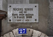 Plaque in memory of Michel Simon, 27 Grand Rue, Geneva. Plaque a la memoire de Michel Simon, 27 Grand Rue, Geneve.jpg