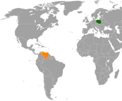 Mapa indicando locais da Polônia e Venezuela