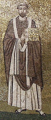 Pope Symmachus's triumph over Laurentius is the first recorded case of papal simony. Pope Symmachus - Apse mosaic - Sant'Agnese fuori le mura - Rome 2016.jpg