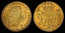 Portuguese 8 gold escudos (1729) Portugal 1729 8 Escudos.jpg