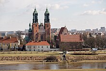 Poznań Cathedral (center) and the smaller Church of Holy Virgin Mary to its right, standing on the site of the original ducal residence
