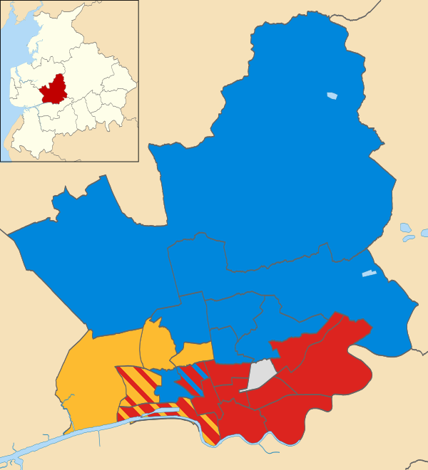 Map of the results of the 2002 Preston council election. Labour in red, Conservatives in blue, Liberal Democrats in yellow and independent in grey.